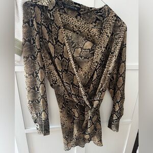 Black and tan Zara snake print sheershirt blouse with ruching detail